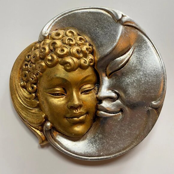 Vintage Celestial Wall Hanging – Gold and Silver Sun and Moon Face – 1990s Home - Picture 1 of 5
